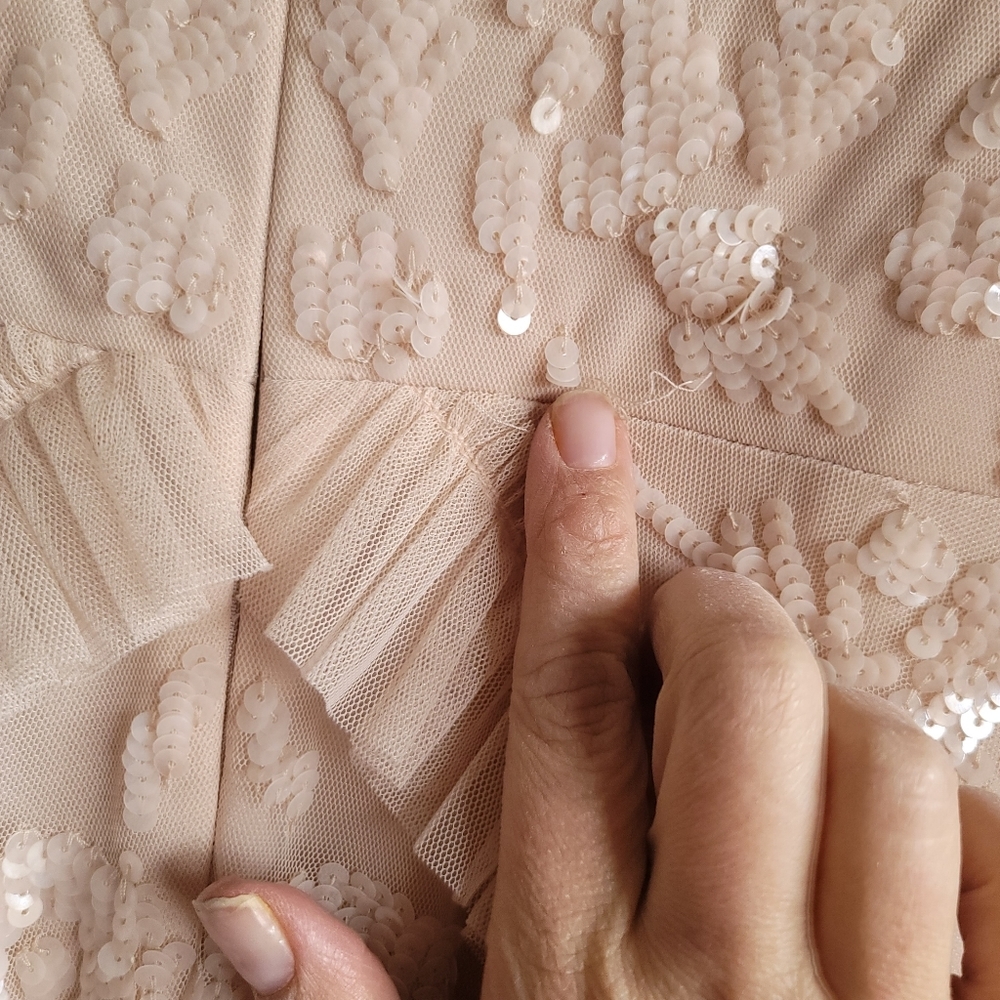 Sequined Scallop Ruffle Tiered V Neck Gown, Blush, Size‎ 16 - Picture 15 of 16